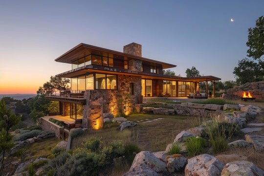 Illuminated modern house blending stone and glass architecture, nestled on a hillside overlooking a picturesque valley at sunset