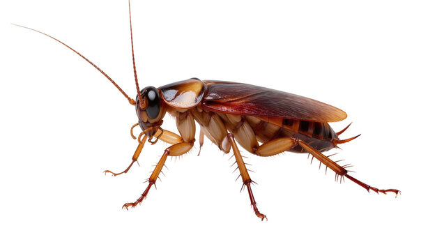 Detailed close-up of a brown American cockroach, a common household pest, isolated on transparent background, studio shot PNG