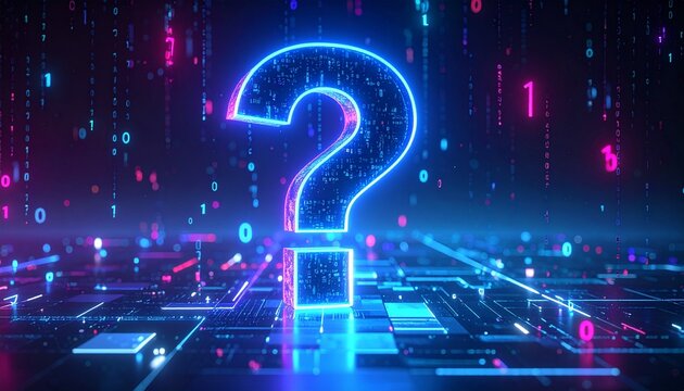 Digital Matrix Question Mark Symbol on Circuit Board with Binary Code