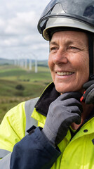An engineer in safety gear looks on to the future of energy, observing a wind farm in this photorealistic shot of determination and industry.
