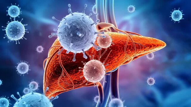 Human liver organ affected by viral pathogens, microscopic view of disease, medical science, pathology, cellular destruction, infection concept, scientific research, global health
