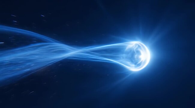 A bright blue orb generates a swirling energy trail against a dark, speckled background