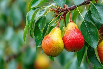Obraz premium Ripe Pear fruits hanging on a tree. Vivid Yellow Red Pears cluster growing on a branch. Green natural leaves blurred background. Organic eco bio farming. Fruit garden orchard. Plantation. Harvesting.