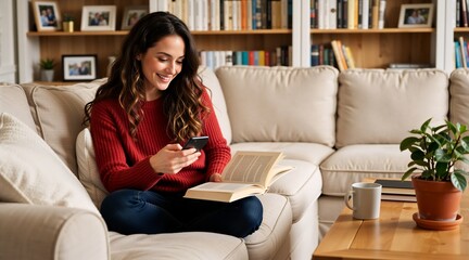 Obraz premium Young woman relaxing on sofa with book and smartphone. Happy female multitasking in cozy living room. Home lifestyle and technology concept