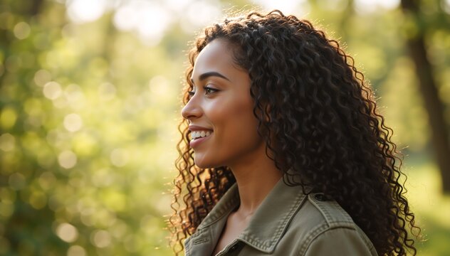 Profile of a smiling young woman with curly hair outdoors. Side view of happy female face in nature with sunlight