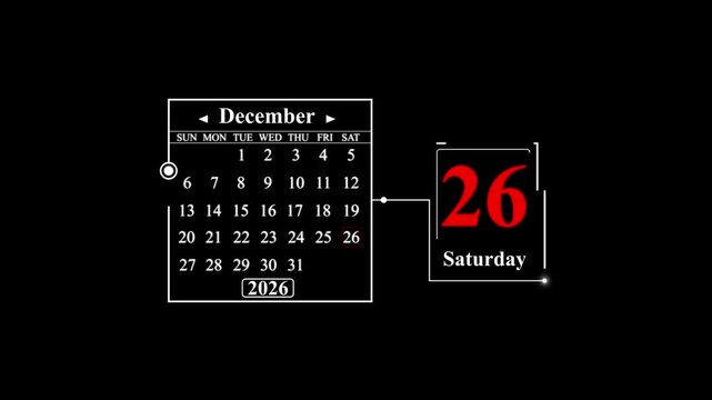 December 26th 2026 Saturday Calendar Display twenty-six. A very important date in the calendar. Signing a day on a calendar.