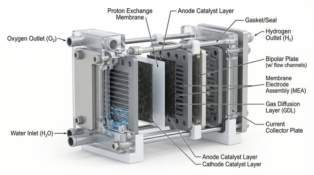 3D Technical Cutaway of PEM Electrolyzer Stack with Sharp CAD Annotations and Internal Layers