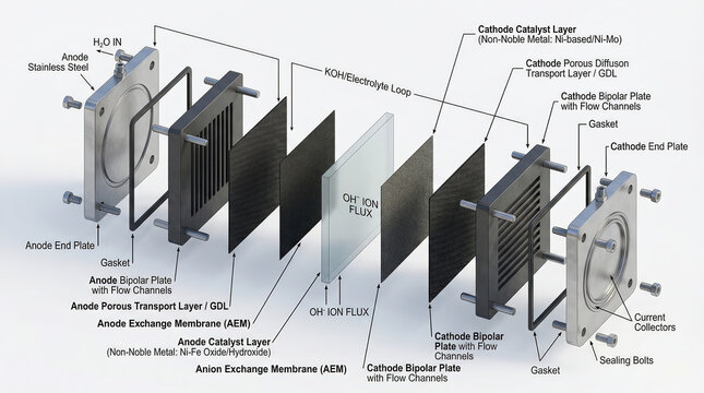 3D Isometric Technical Exploded View of Anion Exchange Membrane AEM Electrolyzer Assembly