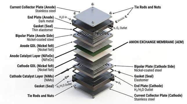 3D Isometric Technical Exploded View of Anion Exchange Membrane AEM Electrolyzer Assembly