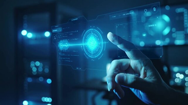 View of a person interacting with a digital display in a dark tech room at night