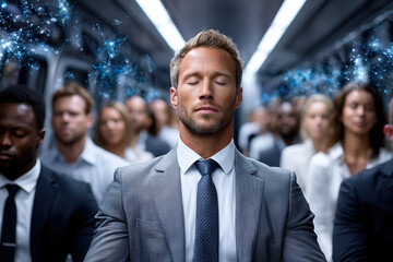 Professional man meditating on crowded subway during rush hour amidst busy commuters