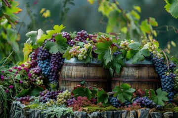 Fototapeta premium Ripe grapes hanging on wooden barrels create a picturesque scene, evoking the essence of winemaking and vineyard landscapes