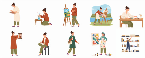 Fototapeta premium Flat Design Set of Artist in Different Poses and Activities Illustration