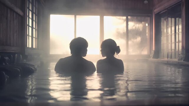 Geothermal hot springs resort, spa, bath pool, winter relaxation vacation theme. Two people in a serene indoor setting, likely a hot spring or jacuzzi, surrounded by wooden walls and windows.