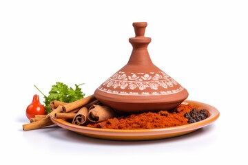 Tagine lid with paprika, cinnamon sticks, parsley, and other spices on a plate
