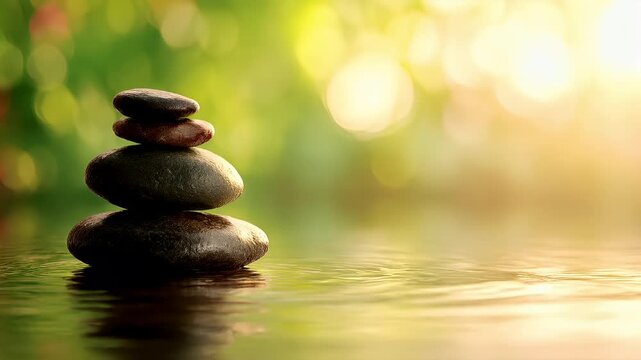 Therapy stress release treatment, health lifestyle. A tranquil scene of a stack of pebbles balanced on top of each other in the water, with a blurred background suggesting a serene environment.