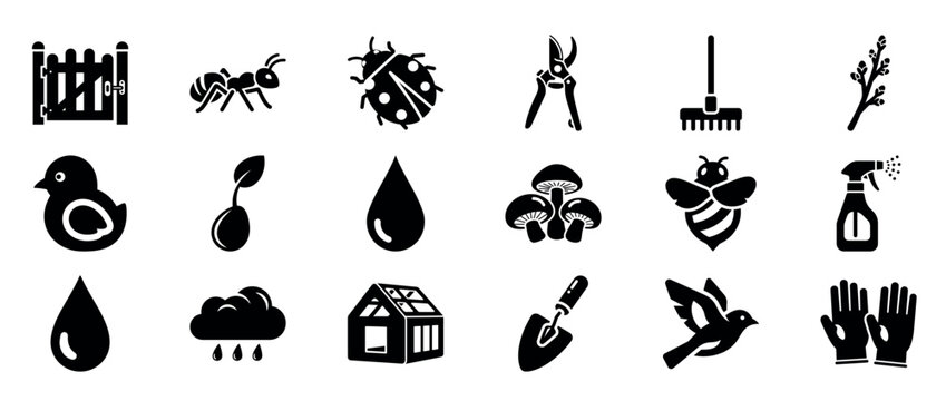 Garden and pest control icons arranged on white background