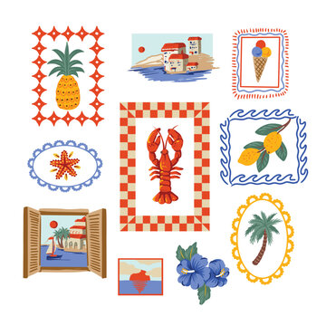 Mediterranean frames elements with lobster lemons coastal summer illustration design