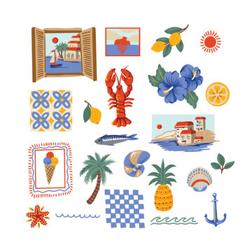 Mediterranean elements isolated lemons seafood tiles summer illustration design