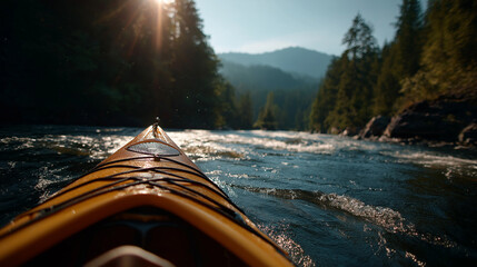 Fototapeta premium Faceless kayaker from directly behind powering through the heart of a thundering class five rapid paddle blades catching the bright midday sun as water surges around the hull