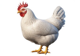 Fototapeta premium A detailed 3d rendering of a white hen with red comb and wattles standing on a white background chicken