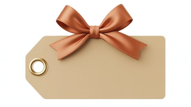 Beige gift tag with copper satin bow and gold grommet on white background brown orange
