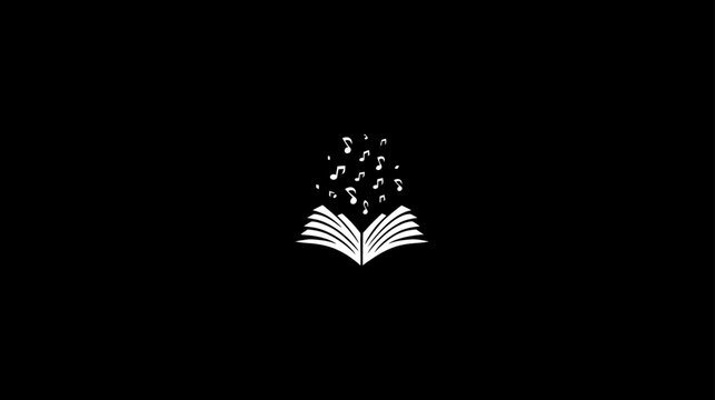 Minimalist open book with flying music notes on a black background, symbolizing creative writing, literature, and musical inspiration.