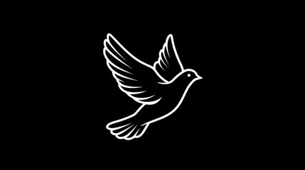 Elegant white outline flying dove graphic on a deep black background, symbolizing peace, freedom, and hope. Simple vector illustration.