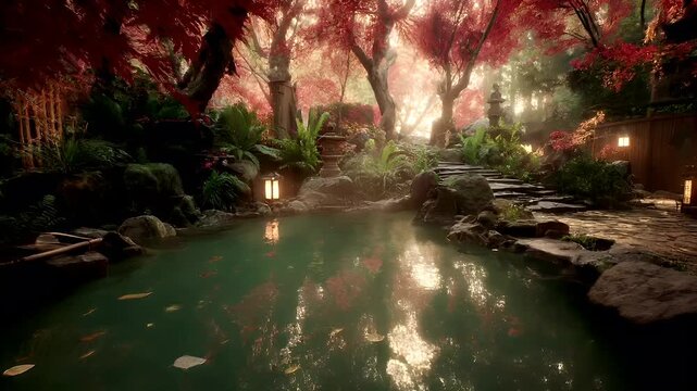 Geothermal hot springs resort, spa, bath pool, winter relaxation vacation theme. A tranquil Japanese garden at twilight, illuminated by lanterns casting a soft glow on the water, stones, plants.