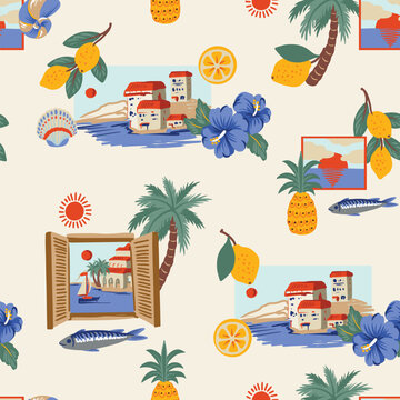 Mediterranean seamless pattern with Amalfi lemons seafood tiles summer illustration design
