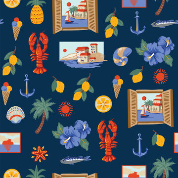 Mediterranean seamless pattern with Amalfi lemons seafood tiles summer illustration design
