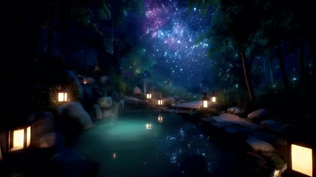 Geothermal hot springs resort, spa, bath pool, winter relaxation vacation theme. A tranquil night scene with a tranquil body of water illuminated by floating lanterns.