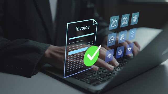 Digital invoice management concept. Person using laptop with e-invoice and payment status icons, expense tracking, revenue reporting and business finance workflow.