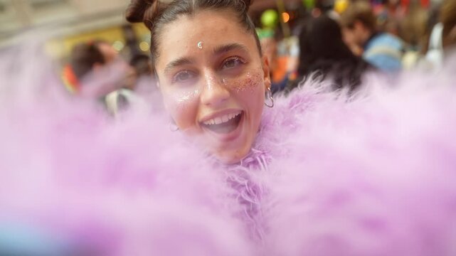 Elegant person with bright feathers captured during celebration