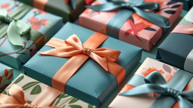 Gently wrapped gifts line a festive surface. Soft ribbons gleam with delicate folds. Each box holds quiet anticipation. Pastel hues frame joyful celebration. Slight shadows add depth and charm