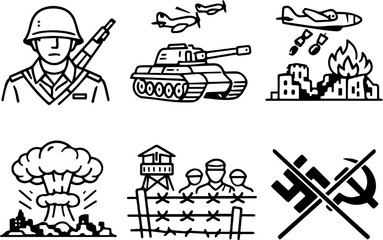 World war military conflict history icons. Vector