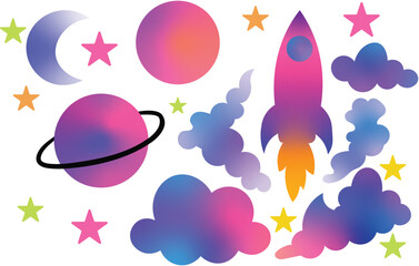 Vibrant set of 3D space-themed vector icons featuring a rocket, planets, stars, and clouds with neon gradients, isolated on a white background for cosmic exploration designs. © Modern Icon Hub