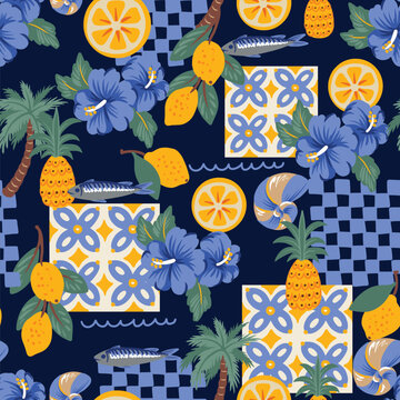 Mediterranean lemons seamless pattern with tropical flowers tiles coastal summer design