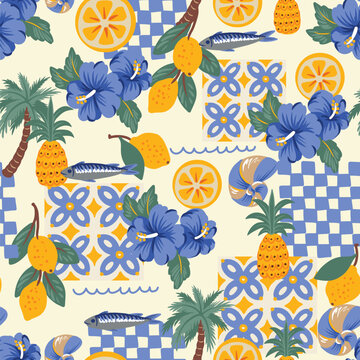 Mediterranean lemons seamless pattern with tropical flowers tiles coastal summer design