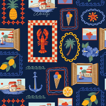 Mediterranean frames seamless pattern with lobster lemons coastal summer illustration design