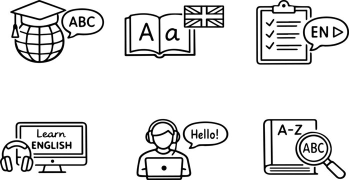 English language learning education outline icon set
