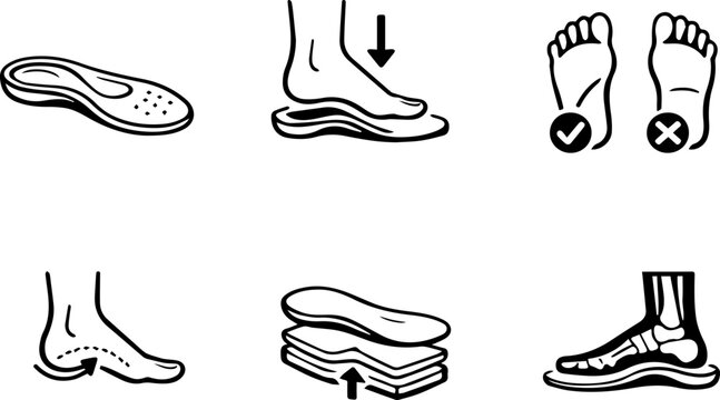 Orthopedic insoles foot support outline icons. Vector