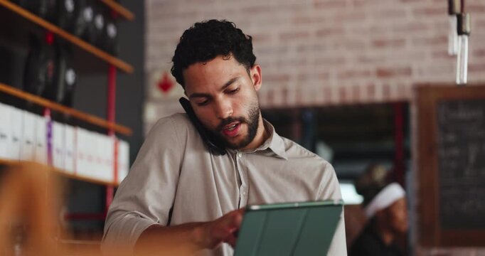 Waiter, person and phone call in diner with tablet, booking website and conversation for online order. Man, talk and tech in restaurant with contact, customer service and check email for reservation.