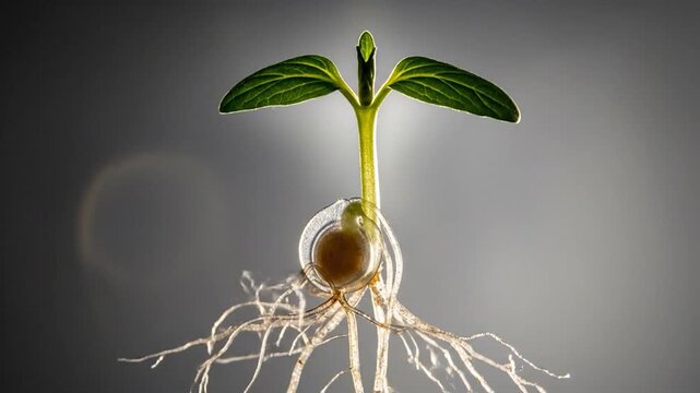 Fresh Green Seedling Sprouting from a Seed with Visible Roots on a Grey Gradient Background