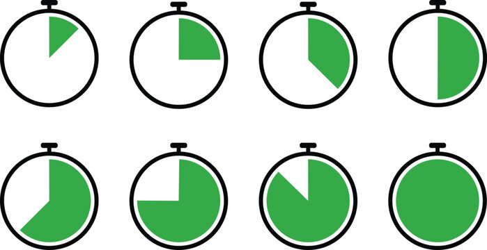 A series of green pie charts in various stages of completion within stopwatch icons