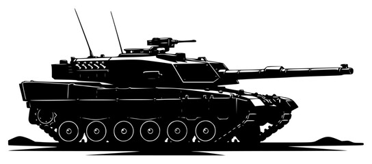 A black and white silhouette of a military tank, army, black, illustration, profile, tank, turret, against transparent background © Alloca Design Studio