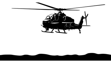 A black and white silhouette of a military helicopter flying over mountains, black, fly, helicopter, illustration, land, profile, sea, sky, water, wind turbine, against transparent background © Alloca Design Studio