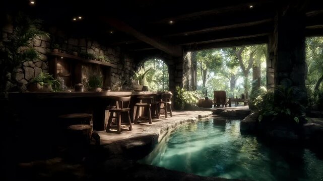 Geothermal hot springs resort, spa, bath pool, winter relaxation vacation theme. A rustic, tropicalthemed bar with a pool in the middle surrounded by lush greenery.