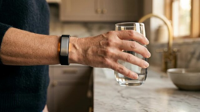 Elderly hand holding glass of water on marble kitchen counter with wrist tracker calm morning light