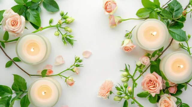 Soft candles glow beside delicate pink roses. Green leaves add freshness to the serene setup. Petals and stems frame the warm, inviting light. Candles rest on a clean, white surface